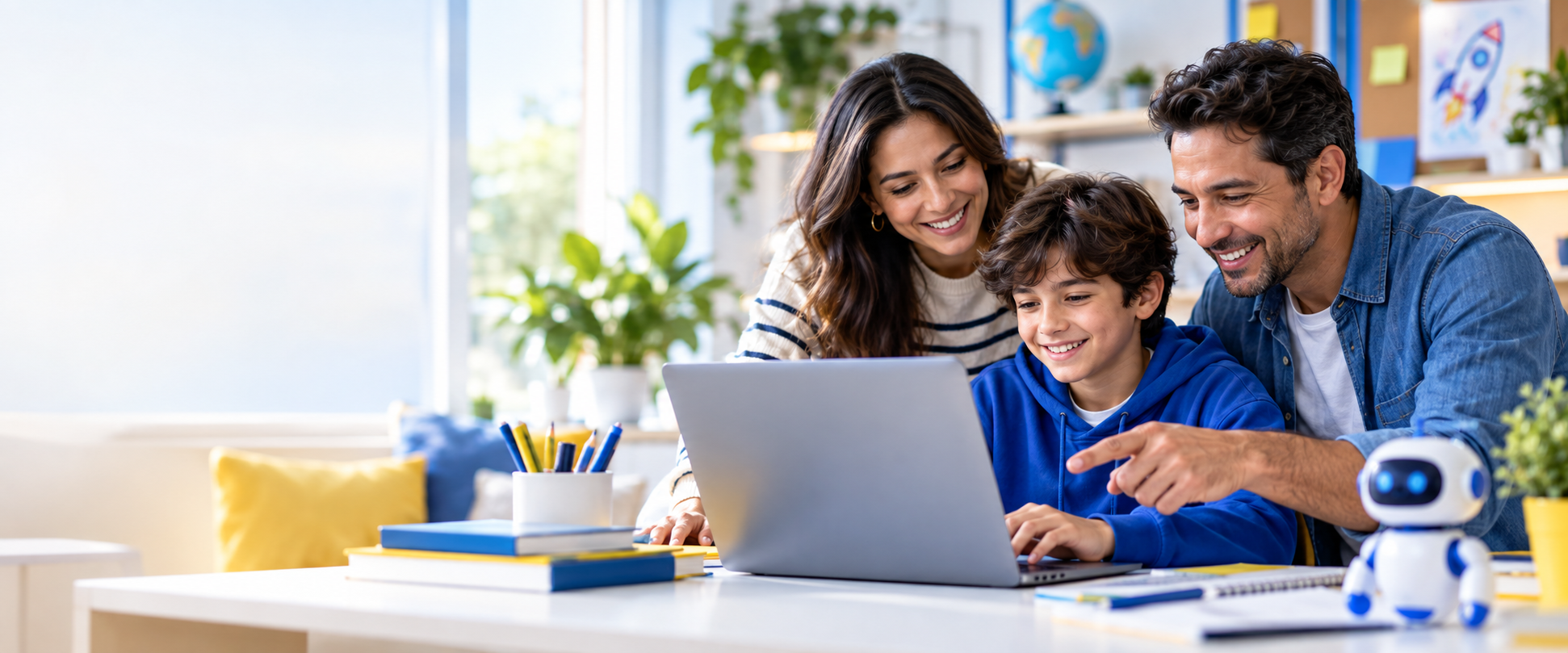 Padre, madre e hijo colaborando frente a una laptop en un espacio de aprendizaje