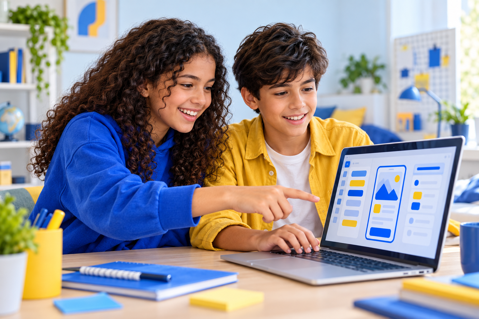 Un niño y una niña crean juntos una app en su computador