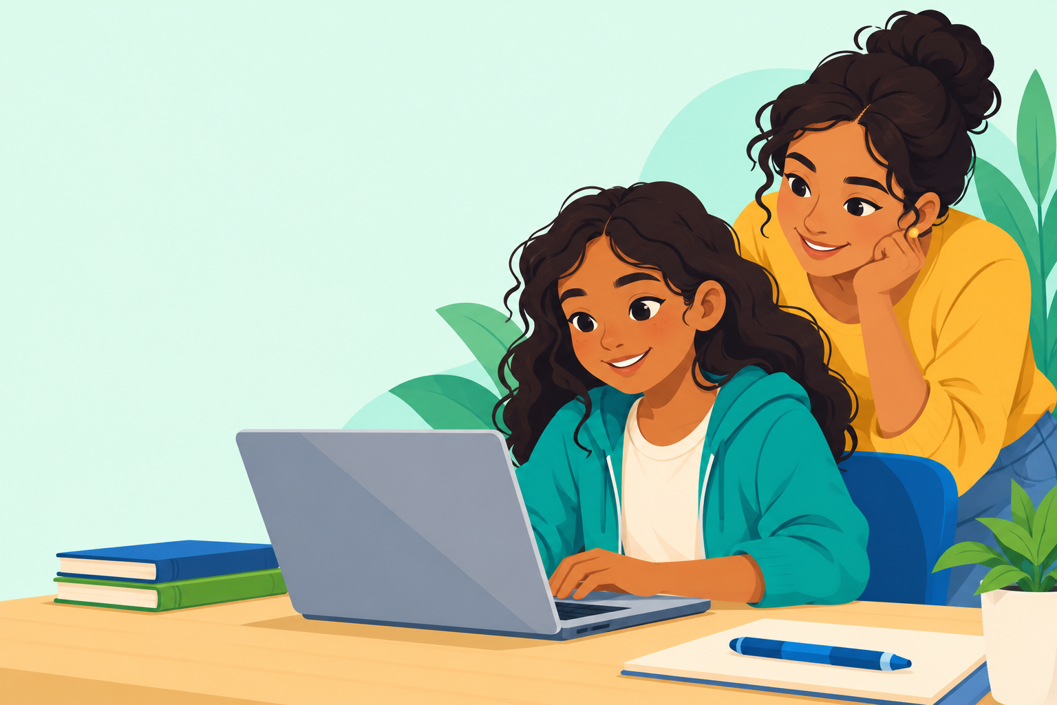 Una niña crea una app en un computador junto a una adulta.